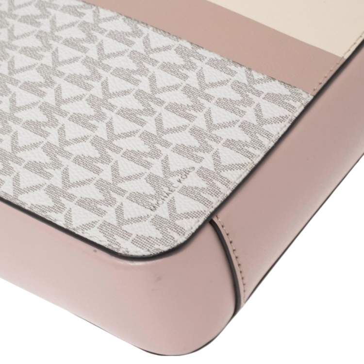 Pre Owned Michael Kors Light Pink/White Signature Coated Canvas and Leather Ginny Shoulder Bag