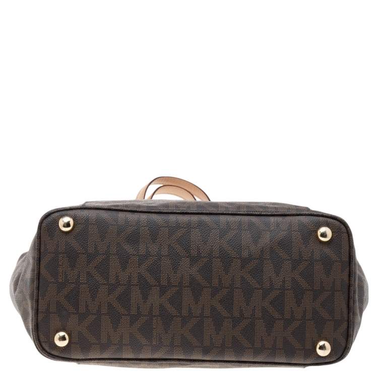 Pre Owned MICHAEL Michael Kors Dark Brown Signature Coated Canvas And Leather Jet Set Tote