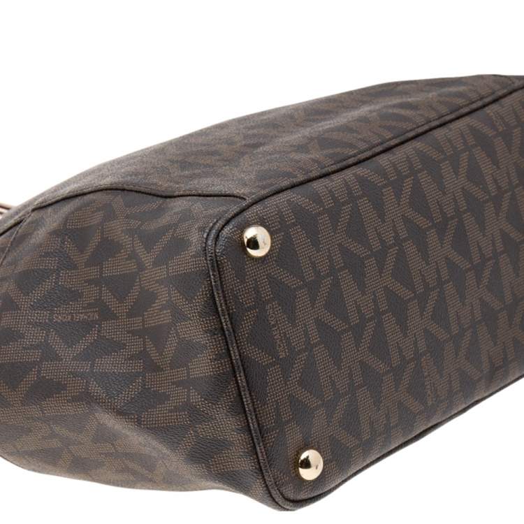 Pre Owned MICHAEL Michael Kors Dark Brown Signature Coated Canvas And Leather Jet Set Tote