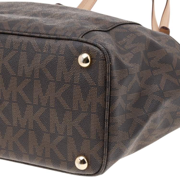 Pre Owned MICHAEL Michael Kors Dark Brown Signature Coated Canvas And Leather Jet Set Tote