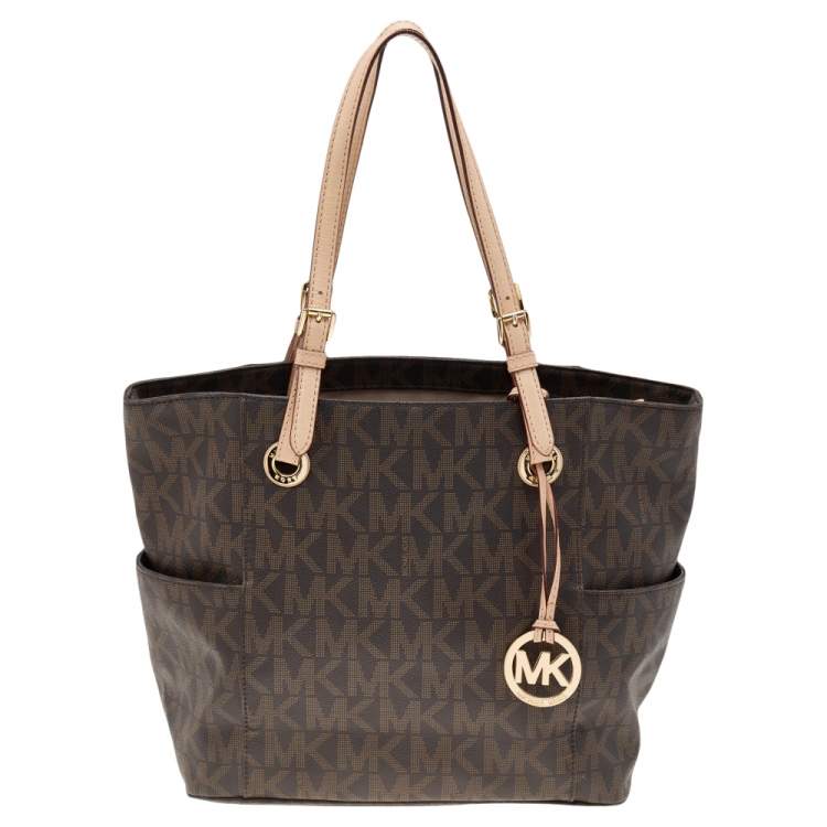 MICHAEL Michael Kors Dark Brown Signature Coated Canvas And Leather Jet Set Tote Michael Kors TLC