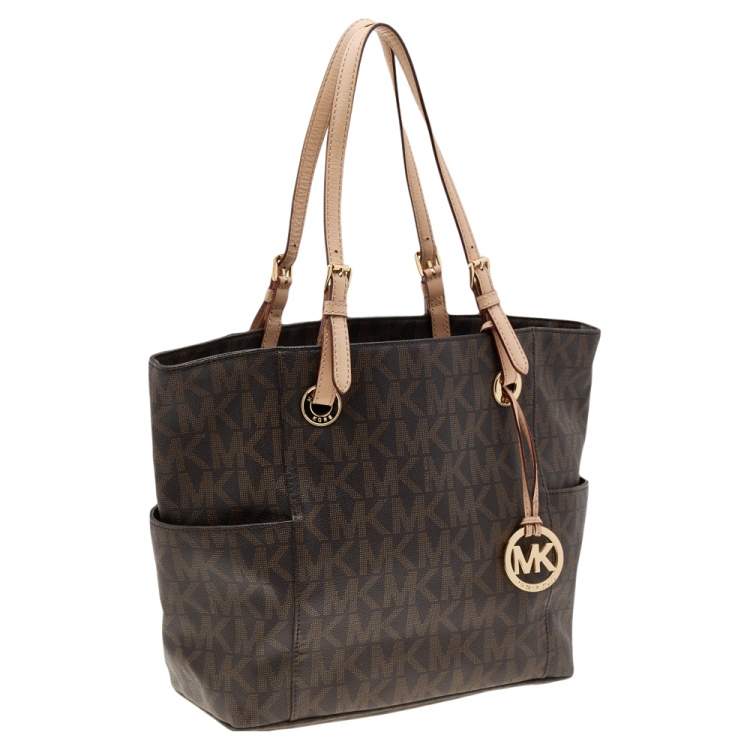 Pre Owned MICHAEL Michael Kors Dark Brown Signature Coated Canvas And Leather Jet Set Tote