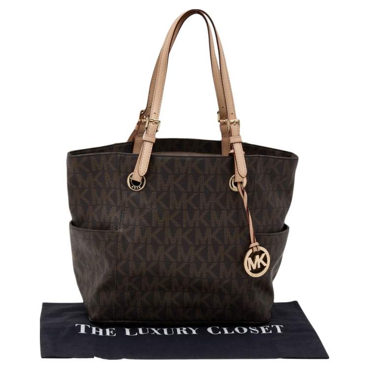 Pre Owned MICHAEL Michael Kors Dark Brown Signature Coated Canvas And Leather Jet Set Tote