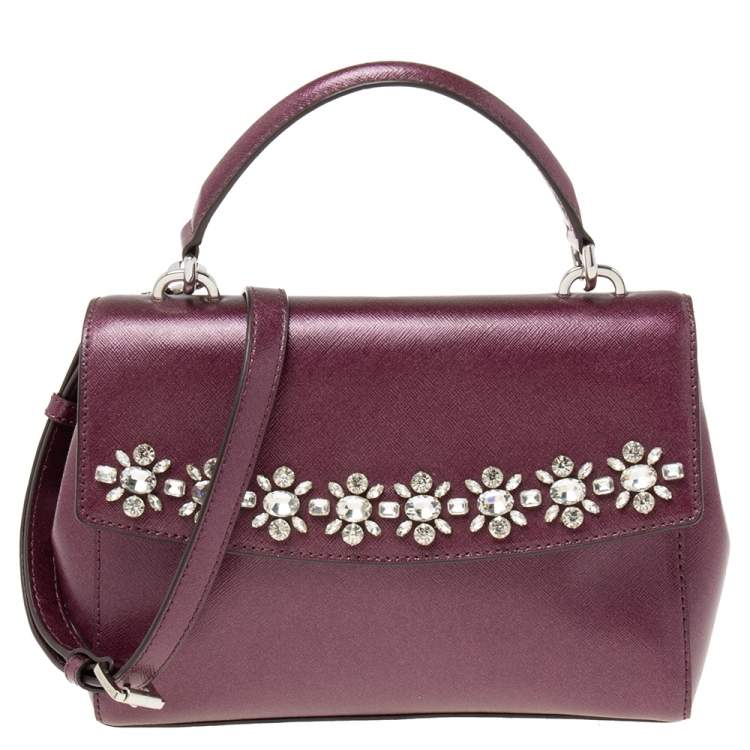 Pre Owned Michael Kors Metallic Purple Leather AVA Crystals Top Handle Bag