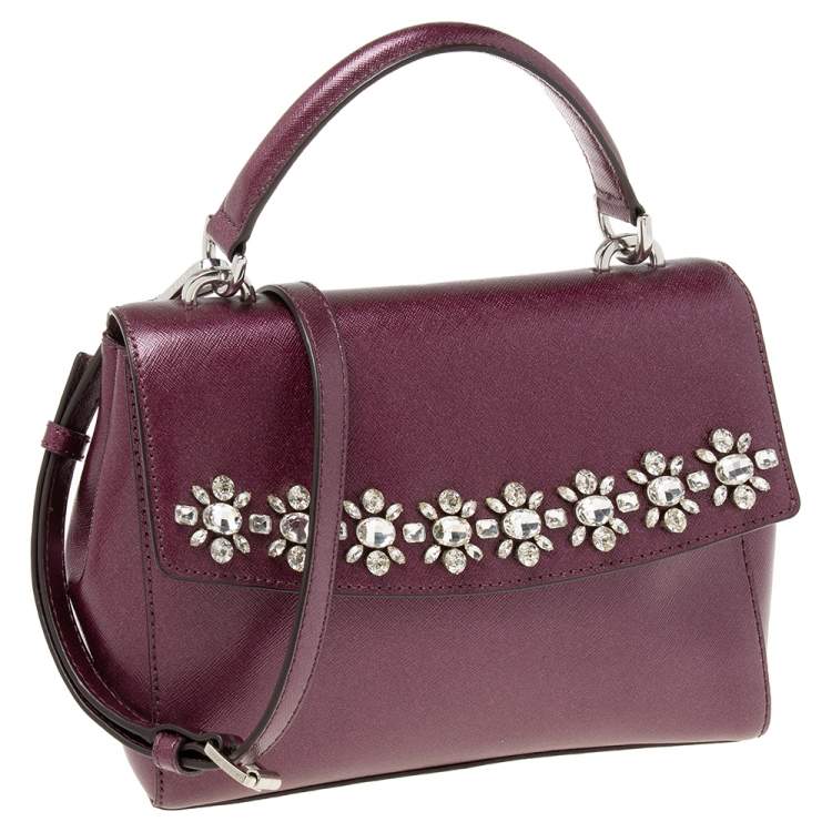 Pre Owned Michael Kors Metallic Purple Leather AVA Crystals Top Handle Bag