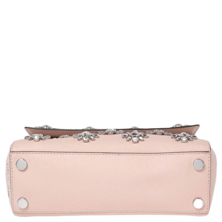 Pre Owned Michael Kors Beige Saffiano Leather Small Ava Crystals Embellished Top Handle Bag