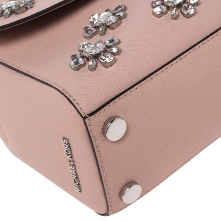 Pre Owned Michael Kors Beige Saffiano Leather Small Ava Crystals Embellished Top Handle Bag
