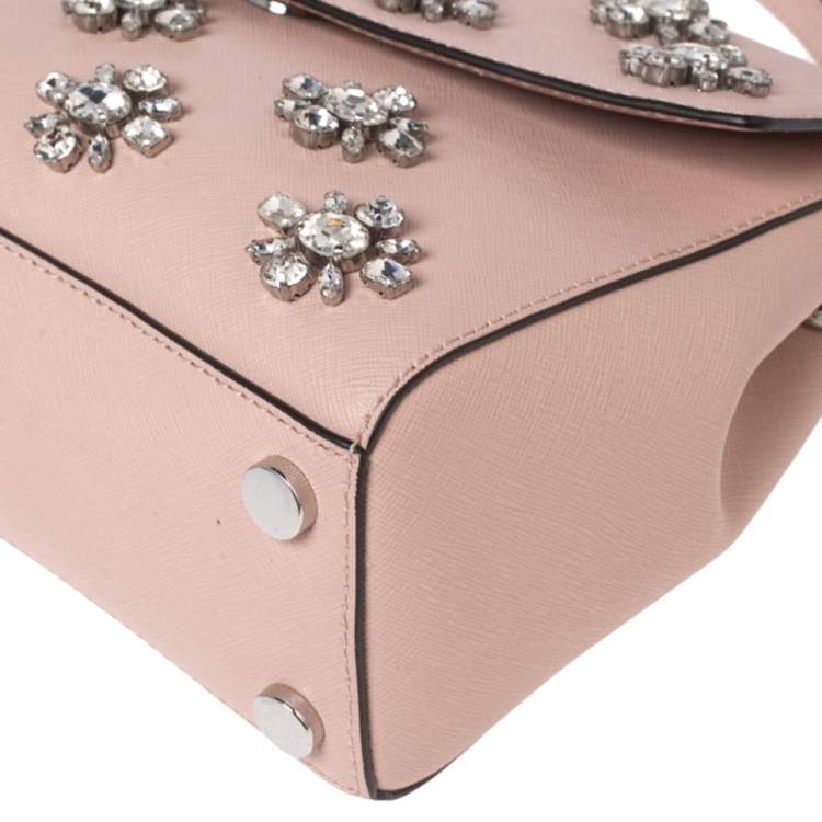 Pre Owned Michael Kors Beige Saffiano Leather Small Ava Crystals Embellished Top Handle Bag