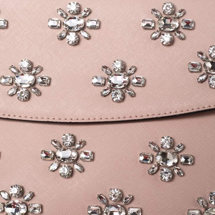 Pre Owned Michael Kors Beige Saffiano Leather Small Ava Crystals Embellished Top Handle Bag