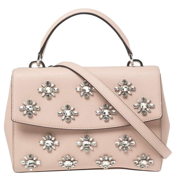 Pre Owned Michael Kors Beige Saffiano Leather Small Ava Crystals Embellished Top Handle Bag