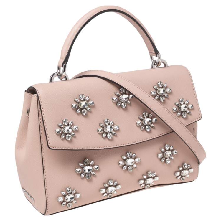 Pre Owned Michael Kors Beige Saffiano Leather Small Ava Crystals Embellished Top Handle Bag