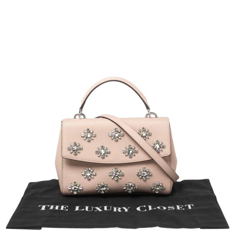 Pre Owned Michael Kors Beige Saffiano Leather Small Ava Crystals Embellished Top Handle Bag