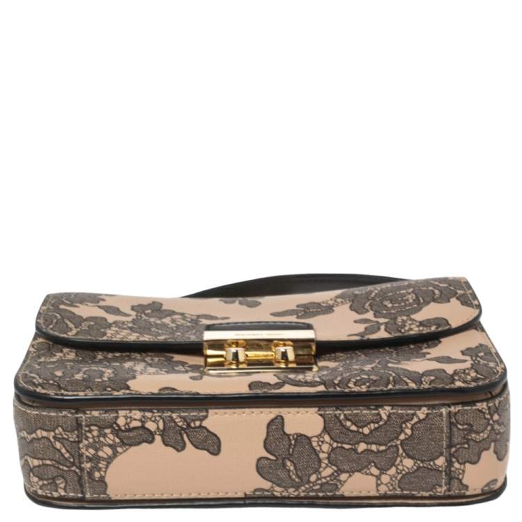 Pre Owned Michael Kors Beige Printed Leather Flap Shoulder Bag