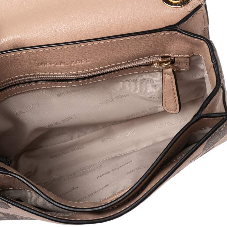 Pre Owned Michael Kors Beige Printed Leather Flap Shoulder Bag