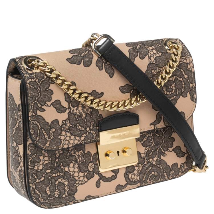 Pre Owned Michael Kors Beige Printed Leather Flap Shoulder Bag