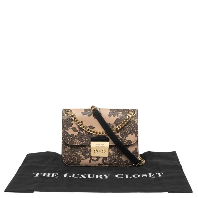 Pre Owned Michael Kors Beige Printed Leather Flap Shoulder Bag