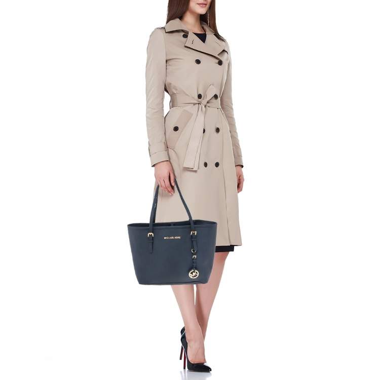 Pre Owned Michael Kors Blue Leather Jet Set Tote