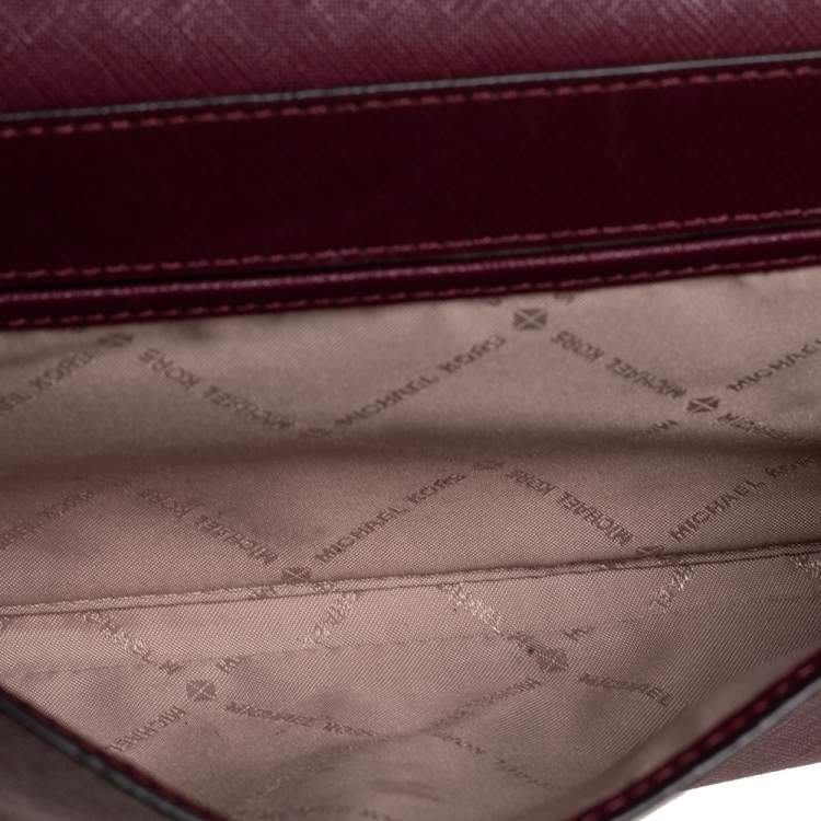 Pre Owned Michael Kors Burgundy Saffiano Leather Jet Set Travel Wallet on Chain
