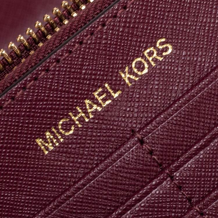 Pre Owned Michael Kors Burgundy Saffiano Leather Jet Set Travel Wallet on Chain