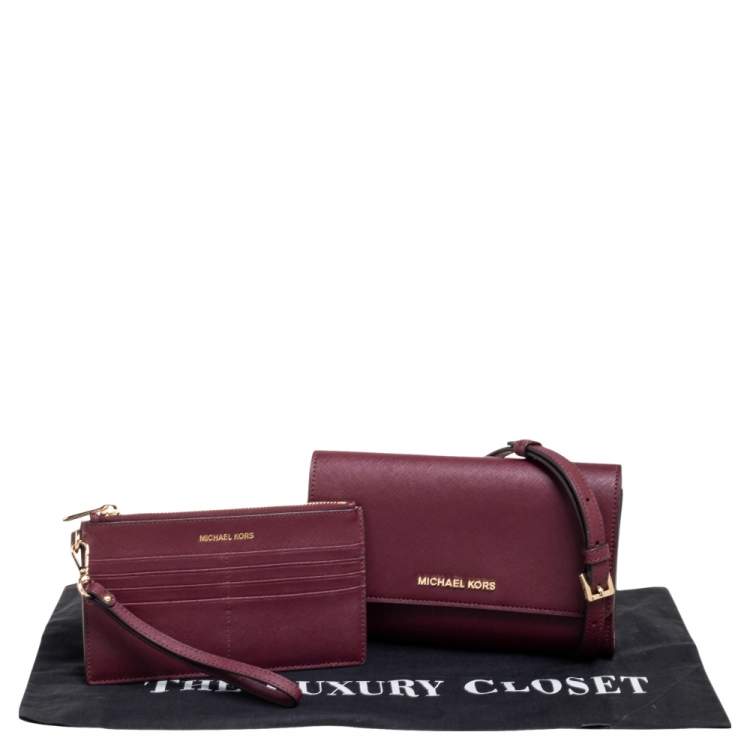 Pre Owned Michael Kors Burgundy Saffiano Leather Jet Set Travel Wallet on Chain