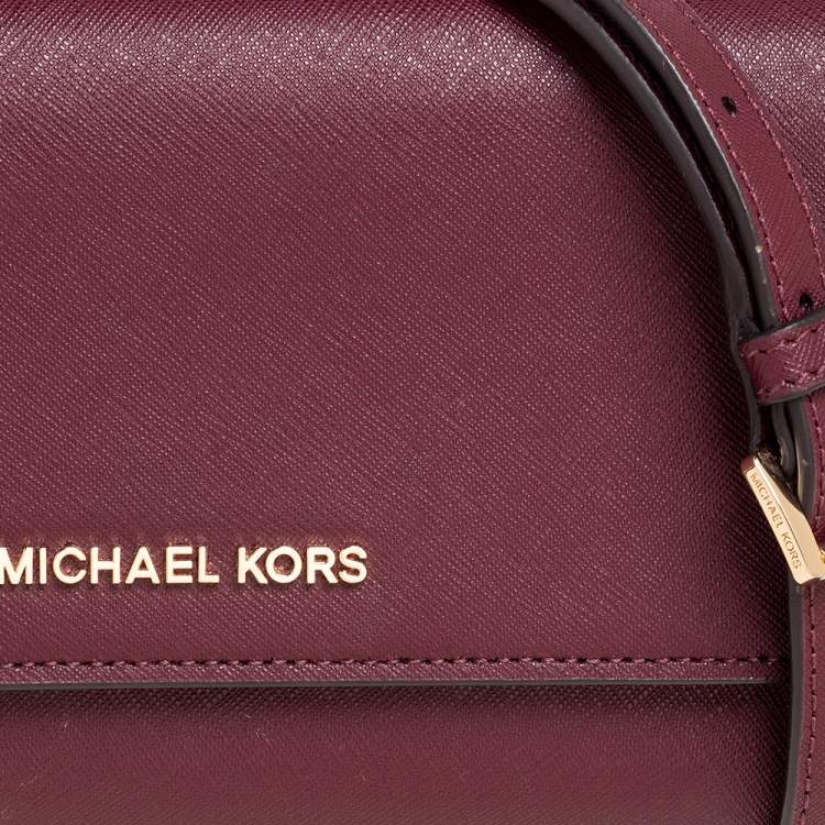Pre Owned Michael Kors Burgundy Saffiano Leather Jet Set Travel Wallet on Chain