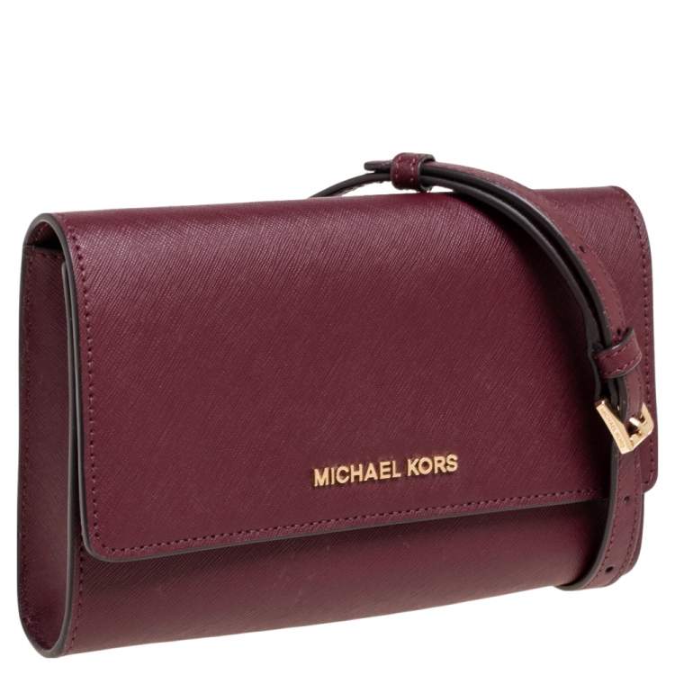 Pre Owned Michael Kors Burgundy Saffiano Leather Jet Set Travel Wallet on Chain