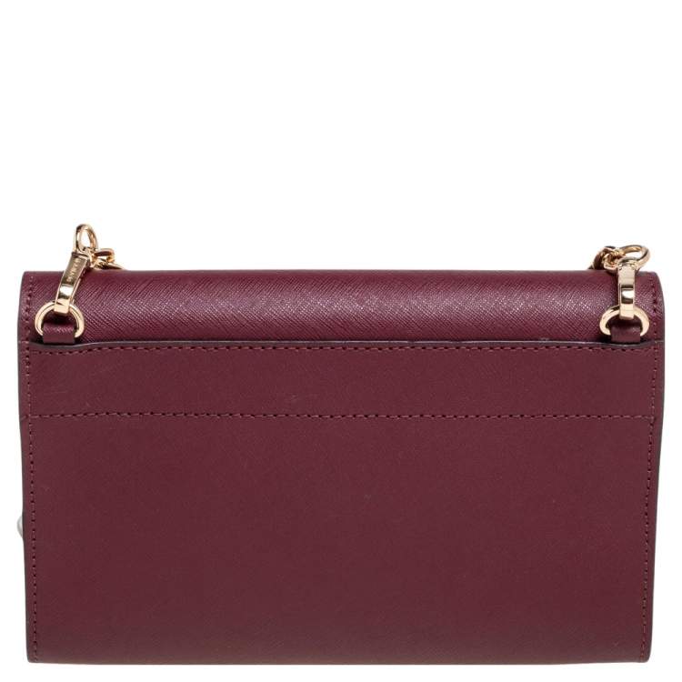 Pre Owned Michael Kors Burgundy Saffiano Leather Jet Set Travel Wallet on Chain