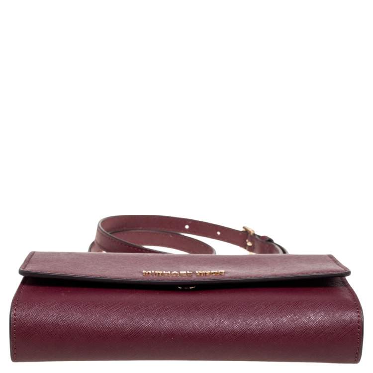 Pre Owned Michael Kors Burgundy Saffiano Leather Jet Set Travel Wallet on Chain