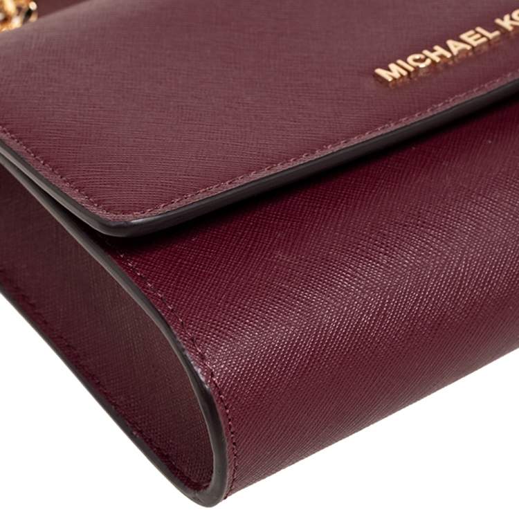 Pre Owned Michael Kors Burgundy Saffiano Leather Jet Set Travel Wallet on Chain