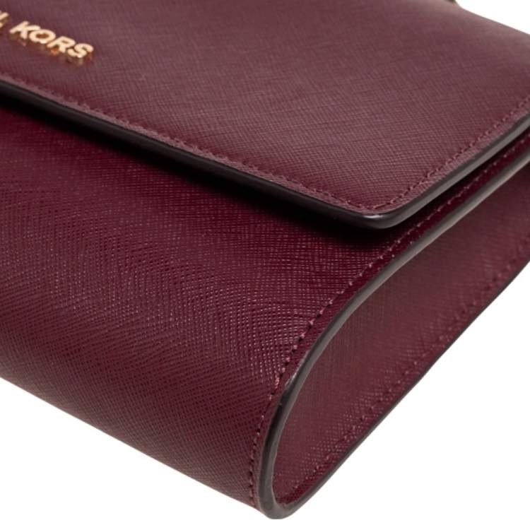 Pre Owned Michael Kors Burgundy Saffiano Leather Jet Set Travel Wallet on Chain