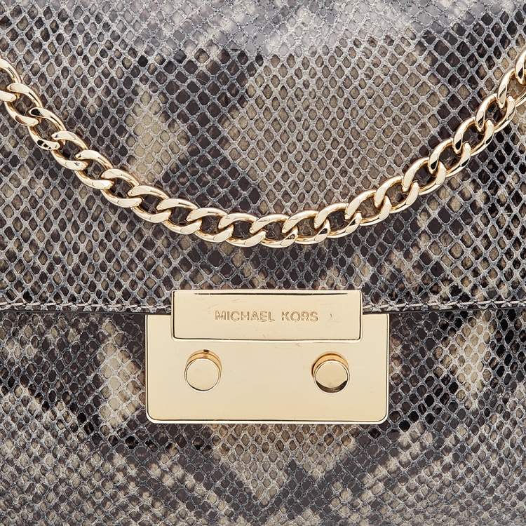 Pre Owned Michael Kors Grey Python Embossed Leather Slim Flap Chain Bag