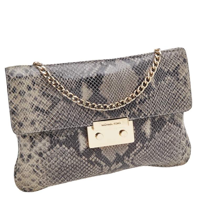 Pre Owned Michael Kors Grey Python Embossed Leather Slim Flap Chain Bag