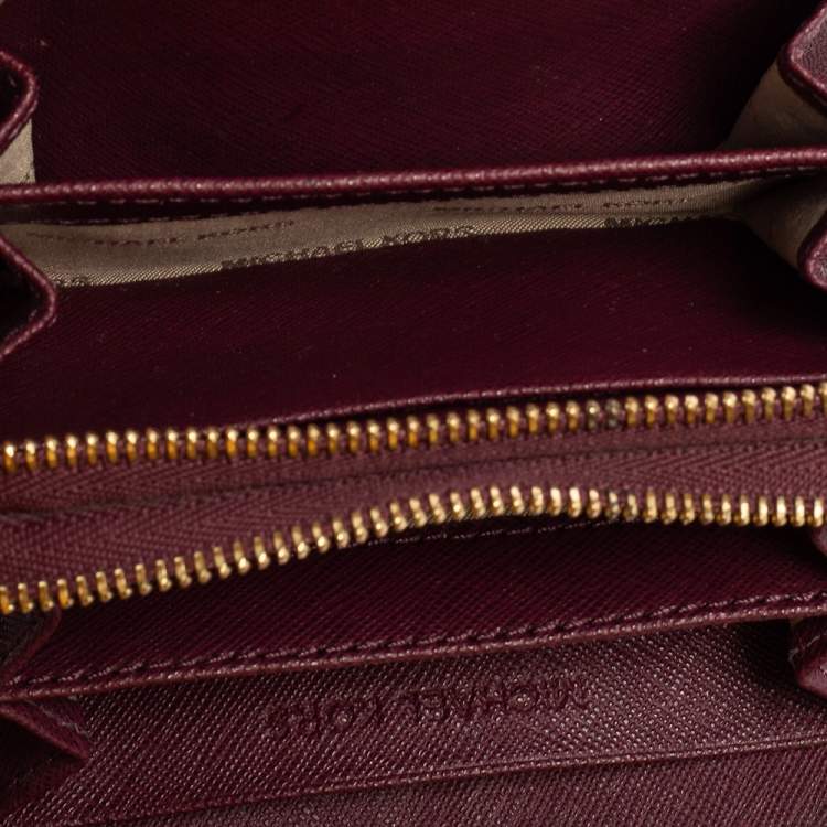 Pre Owned Michael Kors Burgundy Saffiano Leather Double Zip Around Compact Wallet