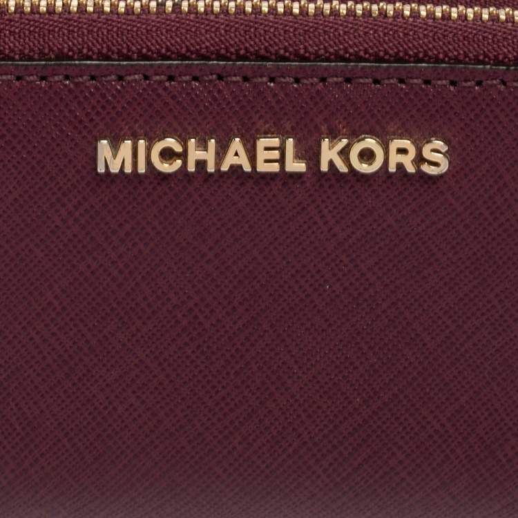 Pre Owned Michael Kors Burgundy Saffiano Leather Double Zip Around Compact Wallet