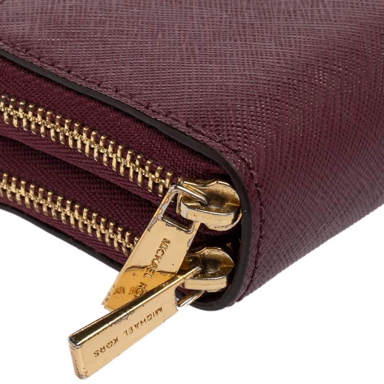 Pre Owned Michael Kors Burgundy Saffiano Leather Double Zip Around Compact Wallet