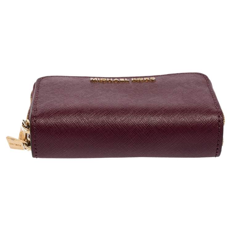Pre Owned Michael Kors Burgundy Saffiano Leather Double Zip Around Compact Wallet