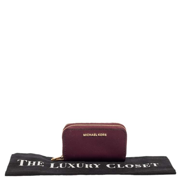 Pre Owned Michael Kors Burgundy Saffiano Leather Double Zip Around Compact Wallet