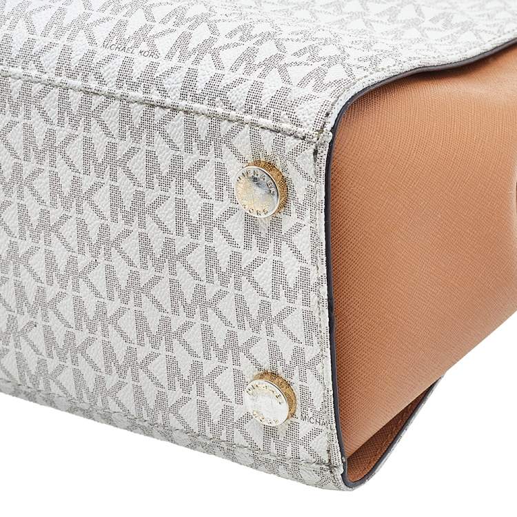 Pre Owned Michael Kors White/Brown Signature Coated Canvas and Leather Sofia Tote