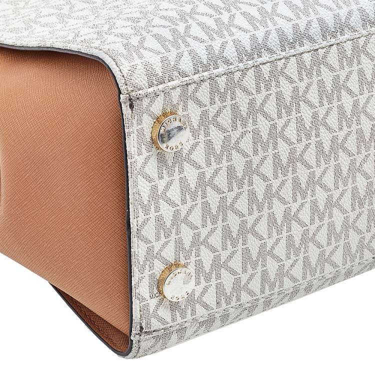 Pre Owned Michael Kors White/Brown Signature Coated Canvas and Leather Sofia Tote