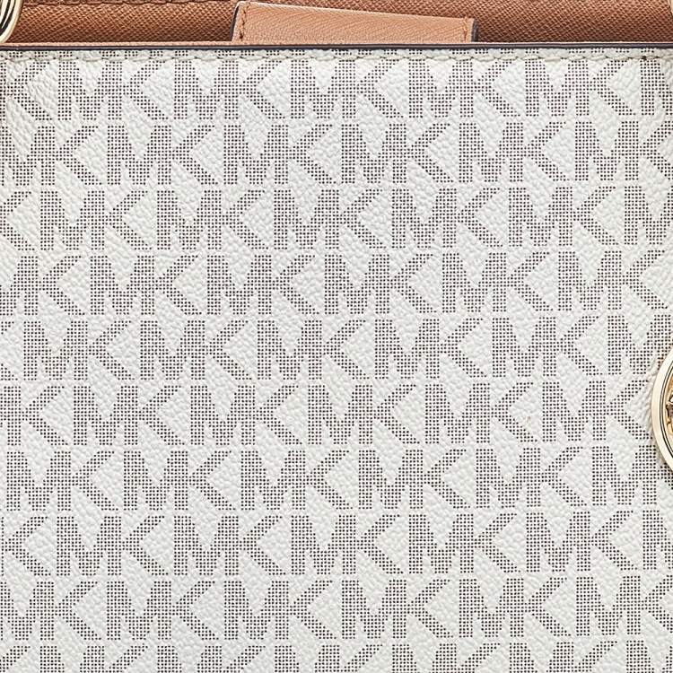 Pre Owned Michael Kors White/Brown Signature Coated Canvas and Leather Sofia Tote