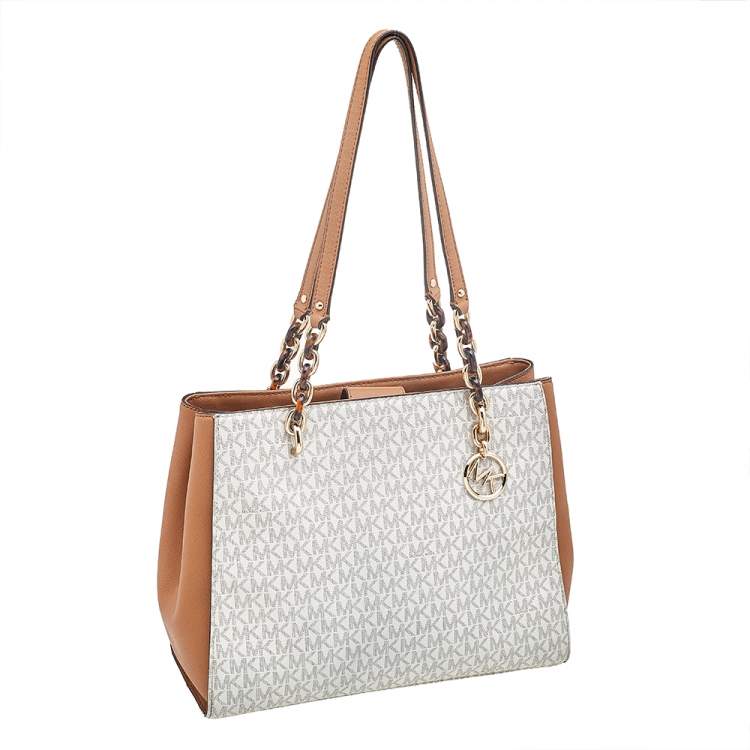 Pre Owned Michael Kors White/Brown Signature Coated Canvas and Leather Sofia Tote