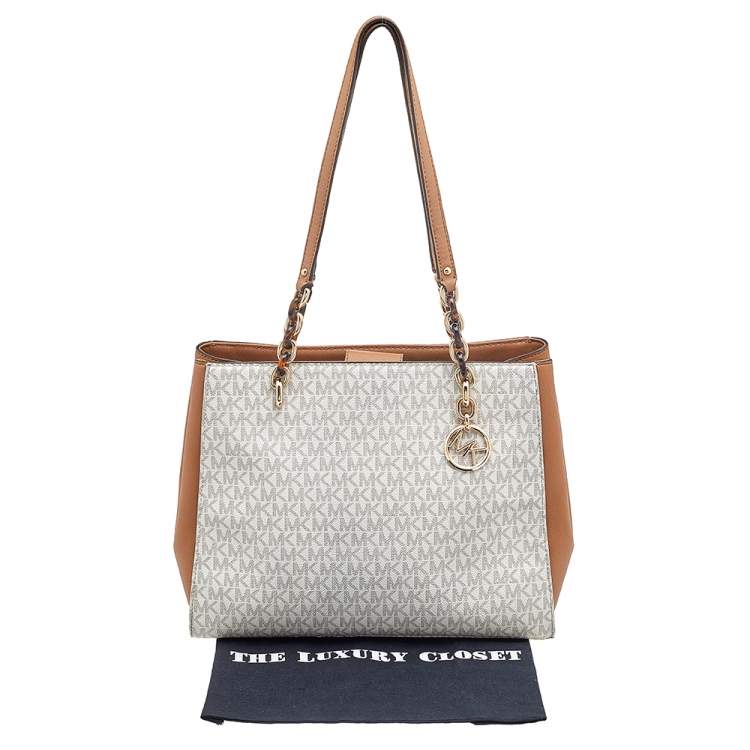 Pre Owned Michael Kors White/Brown Signature Coated Canvas and Leather Sofia Tote