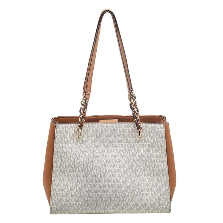 Pre Owned Michael Kors White/Brown Signature Coated Canvas and Leather Sofia Tote