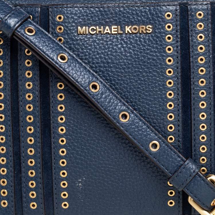 Pre Owned Michael Kors Blue Leather Jet Set Studded Shoulder Bag