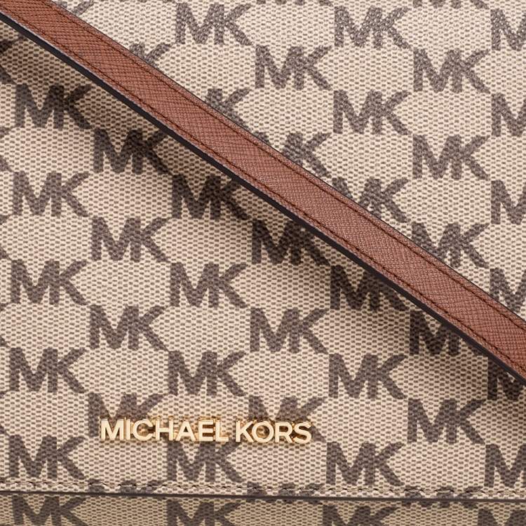 Pre Owned Michael Kors Beige/Brown Signature Coated Canvas and Leather Flap Clutch Bag 