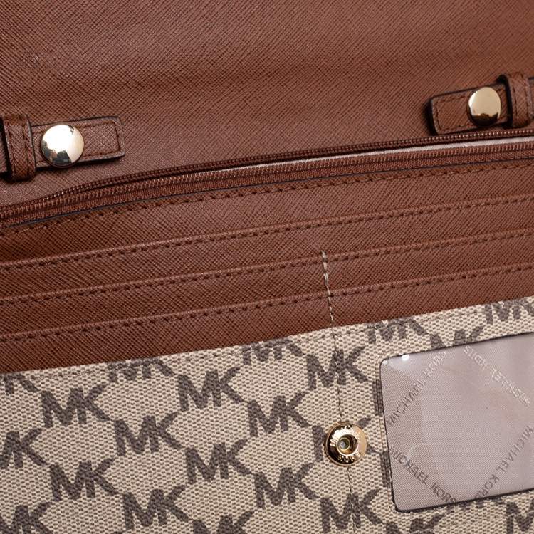 Pre Owned Michael Kors Beige/Brown Signature Coated Canvas and Leather Flap Clutch Bag 