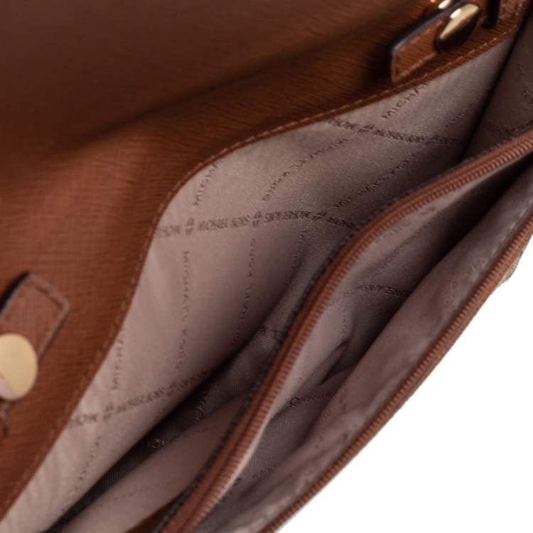 Pre Owned Michael Kors Beige/Brown Signature Coated Canvas and Leather Flap Clutch Bag 