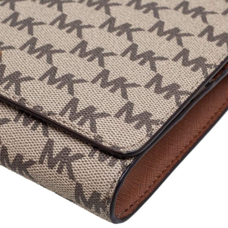 Pre Owned Michael Kors Beige/Brown Signature Coated Canvas and Leather Flap Clutch Bag 