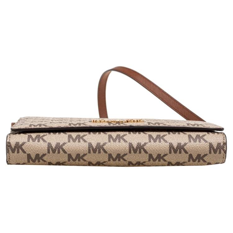 Pre Owned Michael Kors Beige/Brown Signature Coated Canvas and Leather Flap Clutch Bag 