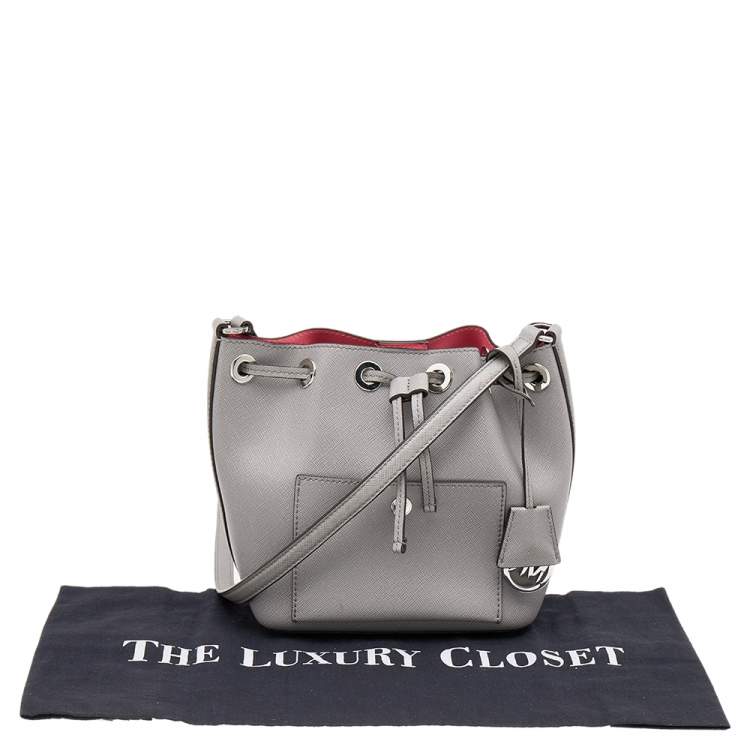 Pre Owned Michael Kors Grey Saffiano Leather Drawstring Shoulder Bag